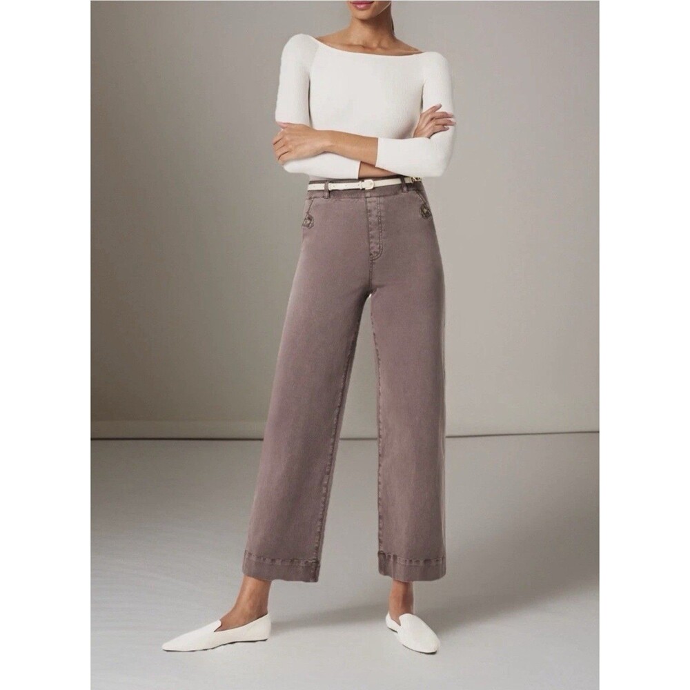 Spanx Pants Sz M Stretch Twill Cropped Wide Leg Taupe Pants Shaping Utility